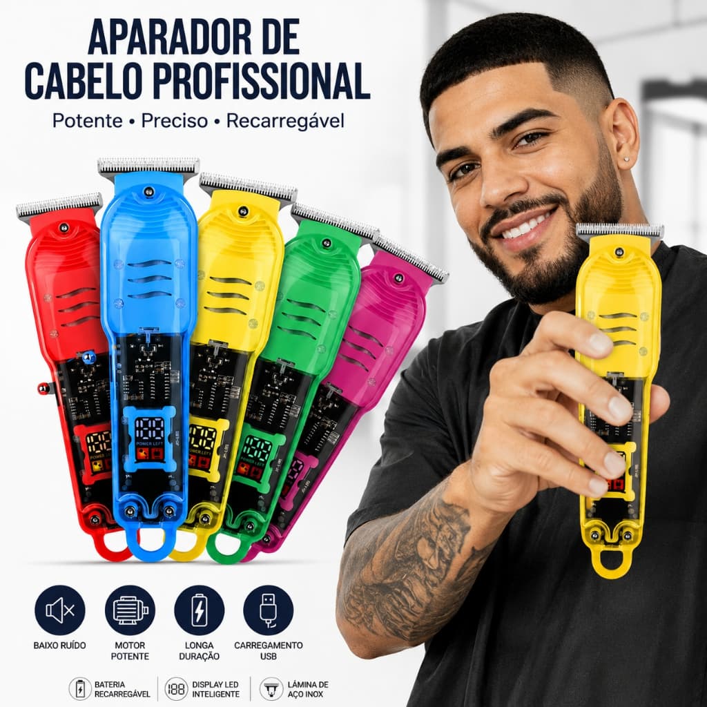 Máquina de Cortar Cabelo Profissional Sem Fio LCD Smart Barbeador Elétrico Transparente Recarregável para Homen