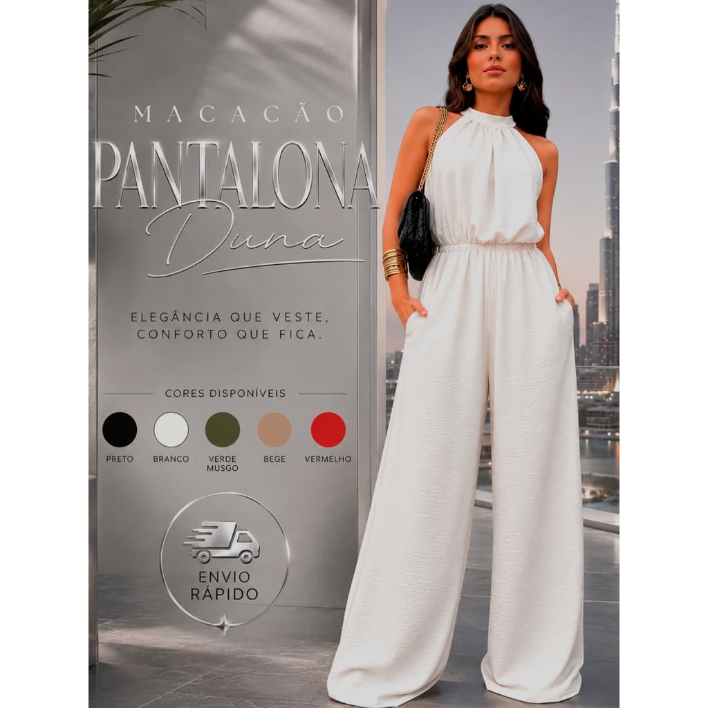 Macacão Feminino Pantalona Longo Gola Alta Elegante Tecido Duna Costas Abertas Amarração Regulável