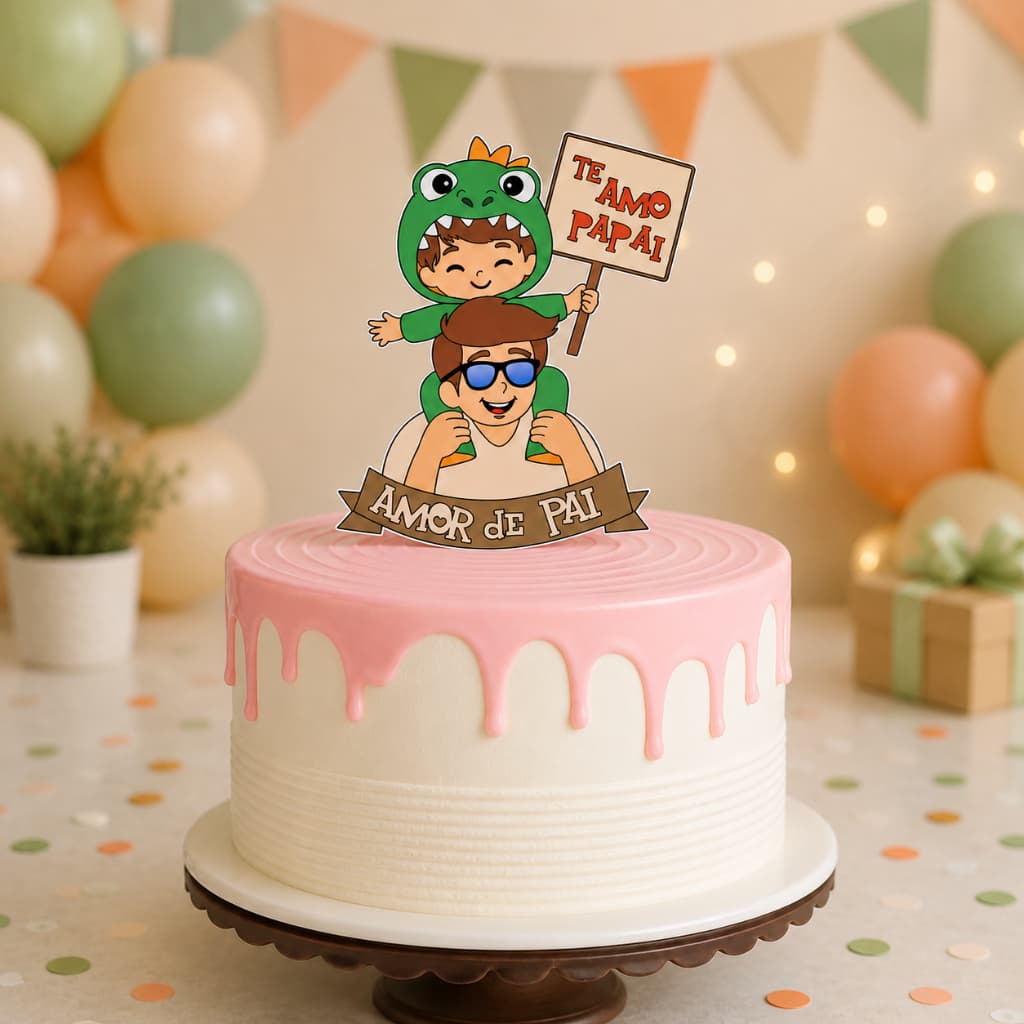 Topo de Bolo 2D Te Amo Papai Dinossauro Amor de Pai - dia dos pais