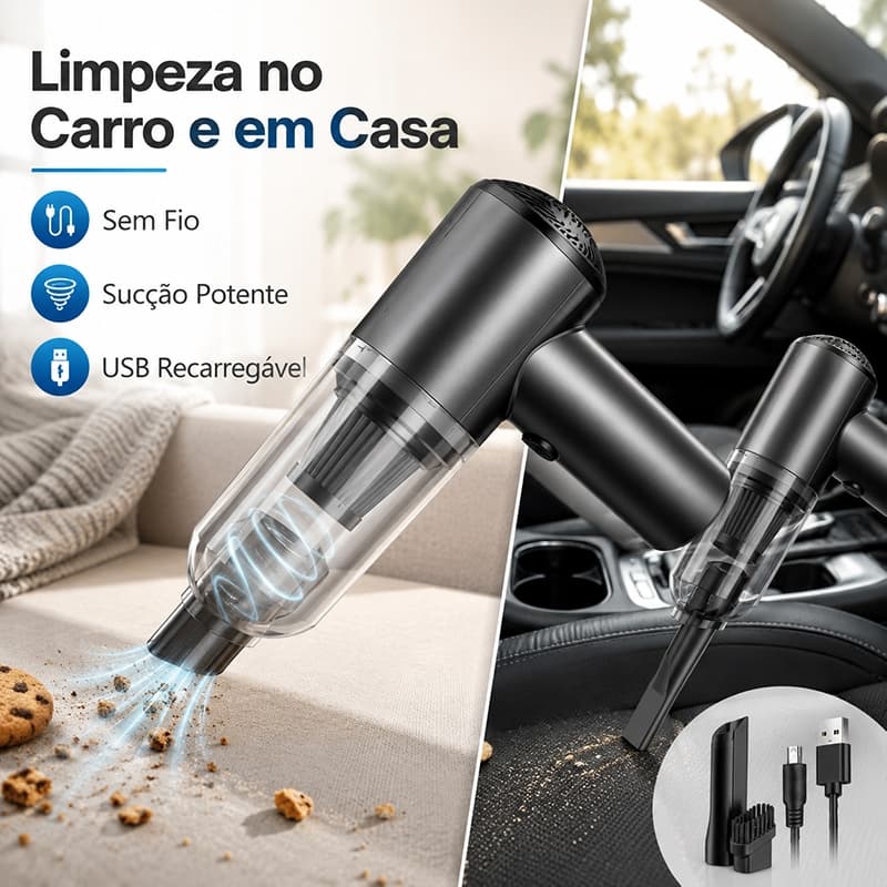 Aspirador de Pó Portátil Sem Fio Recarregável USB para Carro e Casa 6000Pa