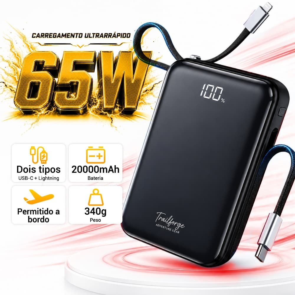 Trailforge Carregador Portátil 20000mAh 65W Power Bank Carregamento Rápido com Saída Dupla