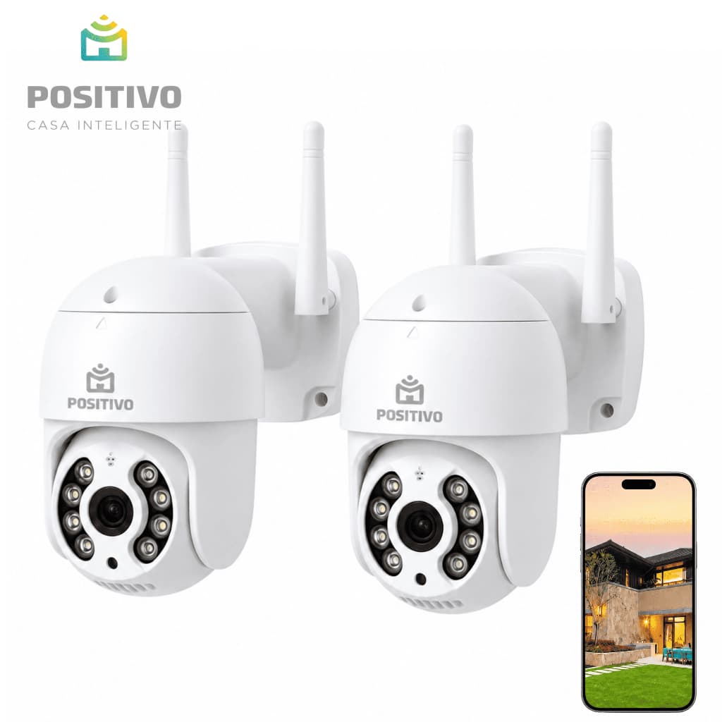 Kit 2 Câmeras de Segurança Externa Positivo Wi-Fi 360º Resistente Água IP66, Visão Noturna
