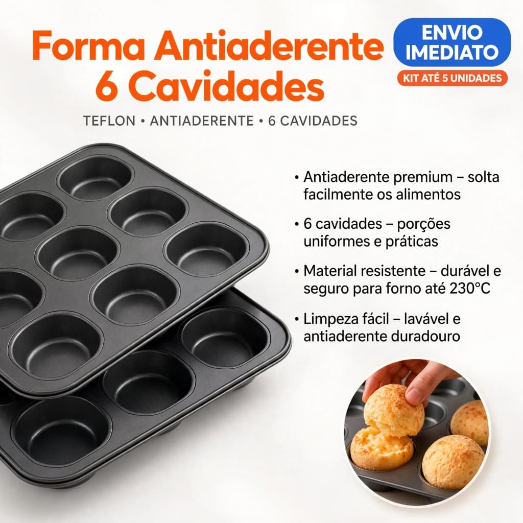 Formas para Pão de Queijo 6 Cavidades Preta Cada Cupcake Empadinha