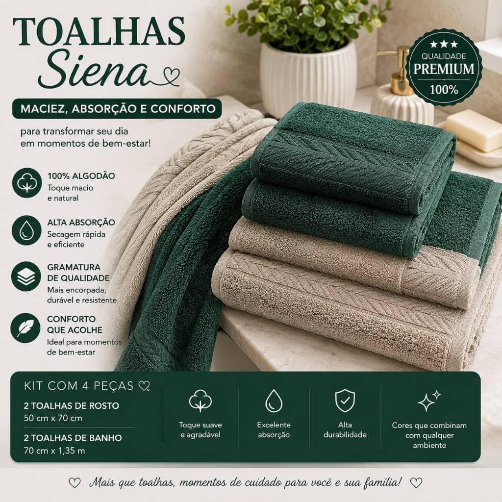 Kit Toalhas 4 pçs Siena 2Banho+2Rosto 100% Algodão Grossa Felpuda Super Macia Exelente Absorção New Premium