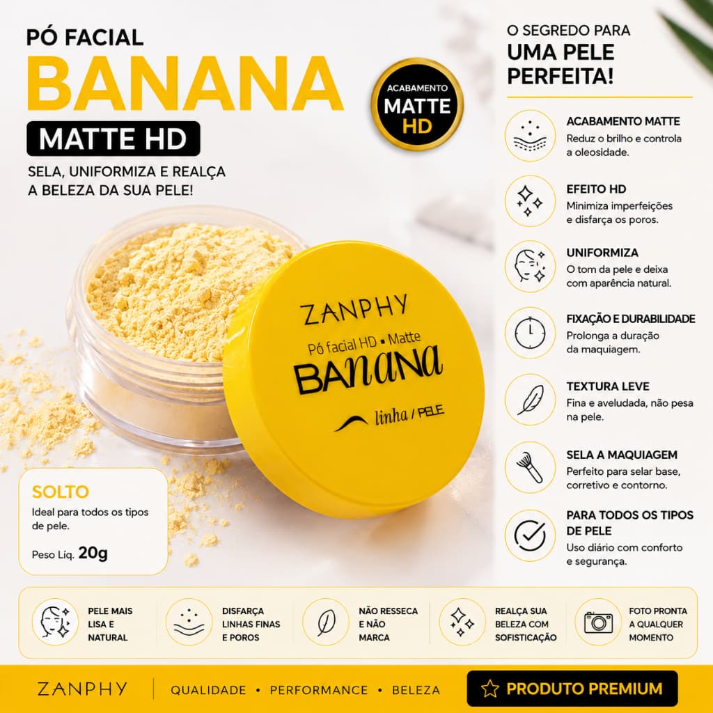 Pó Banana Solto Zanphy Matte HD Selador de Maquiagem Acabamento Matte Efeito HD Controle da Oleosidade Uniformiza Poros
