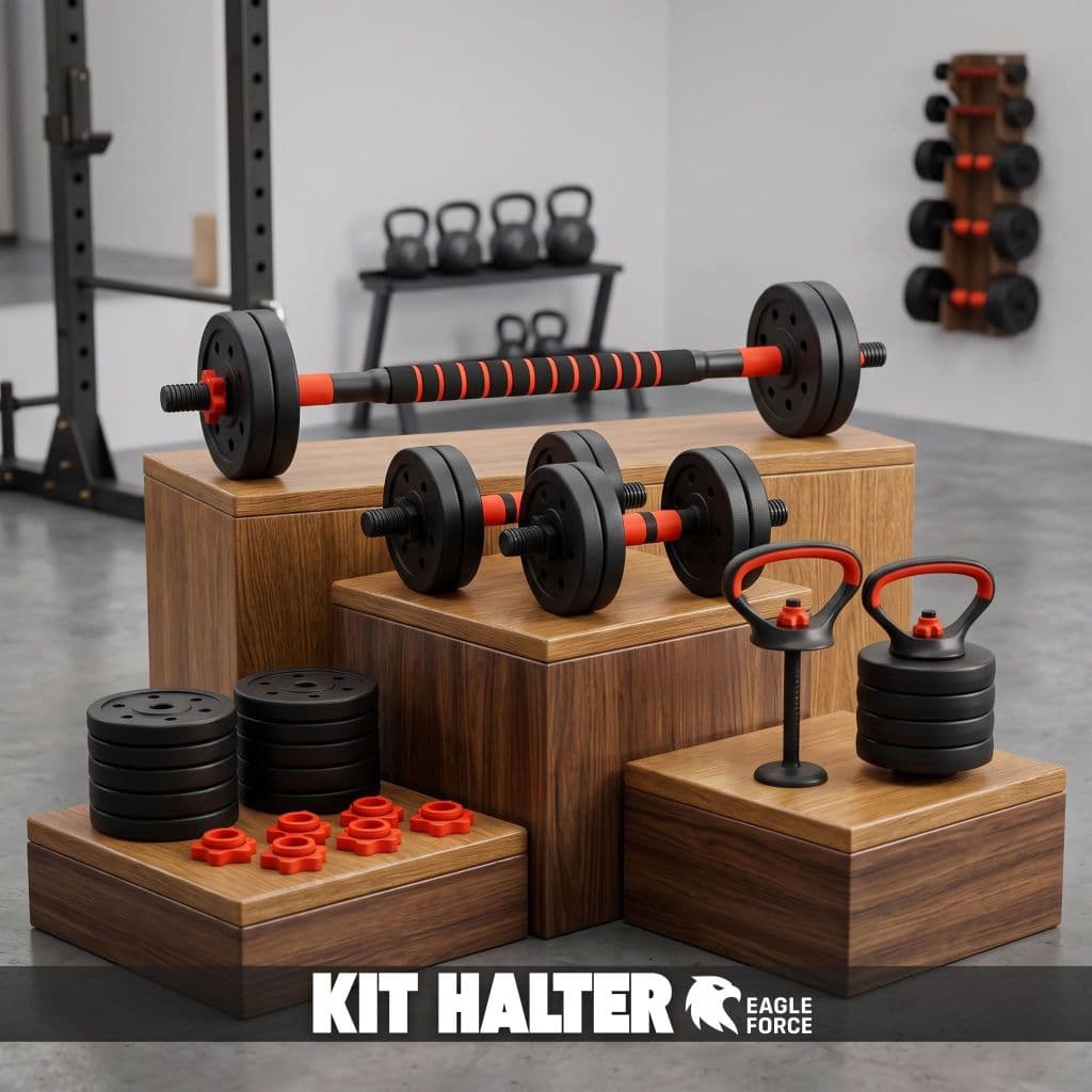 Kit Halteres Halter Barra Kettlebell 15kg Eagle Force Ajustável 6 Em 1 Musculação Treino Em Casa
