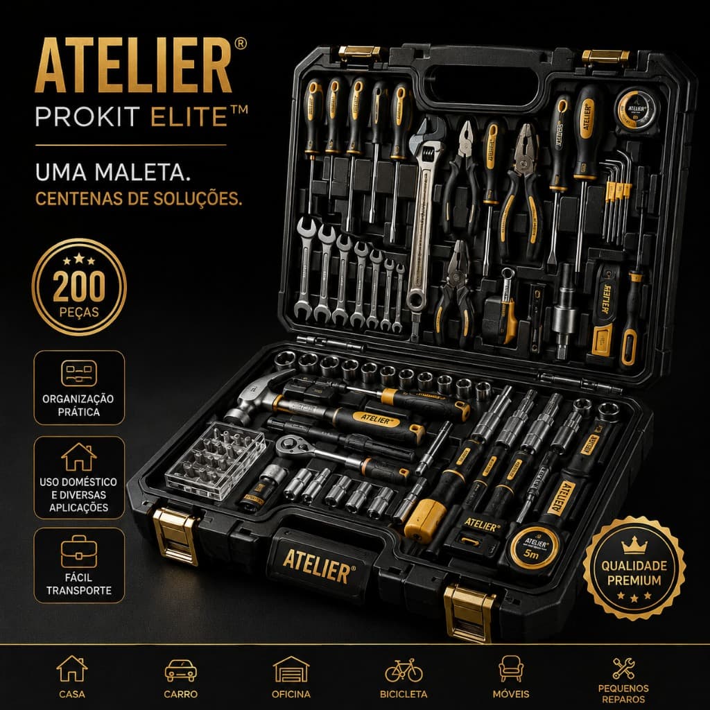 Kit Ferramentas Completo ProKit Elite™ 200 Peças Profissional com Maleta Compacta Preta