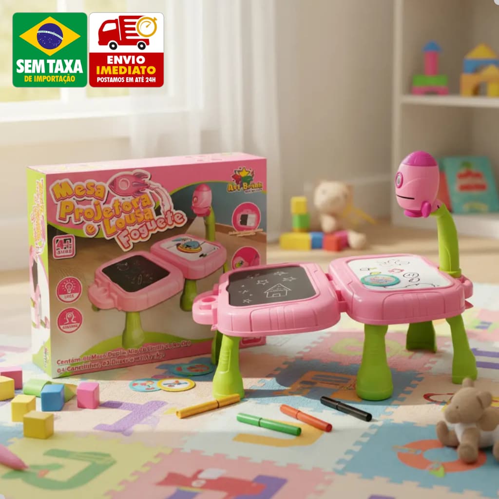 Mesa Projetora Infantil 2 em 1 Maleta Educativa Lousa Mágica LED Lousa Giz Azul ou Rosa