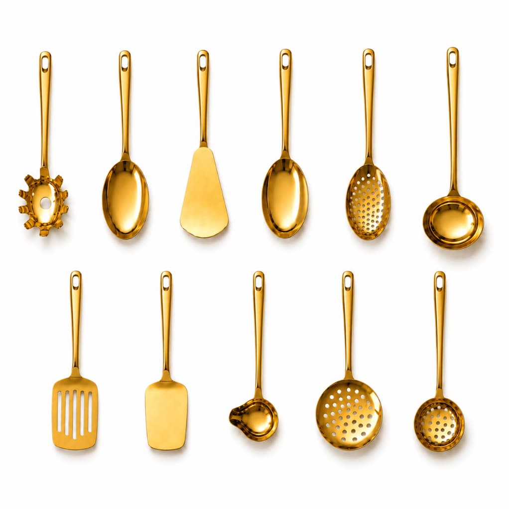 Kit de Utensilios Dourado Cozinha 11 Peças Aço Inox Espatula Concha Pegador Conjunto Completo Luxo