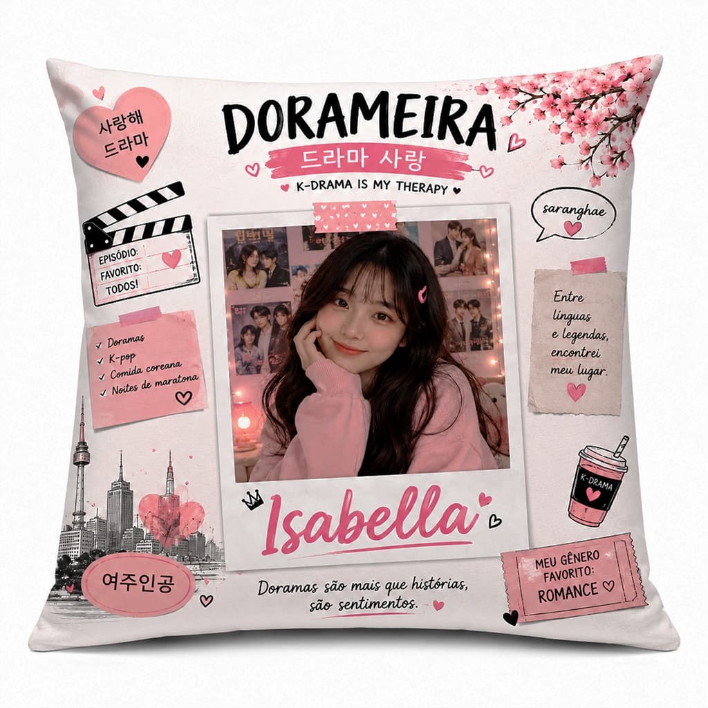 Almofada Personalizada Dorameira com Foto  Nome  Presente para Fã de Dorama Oxford Premium