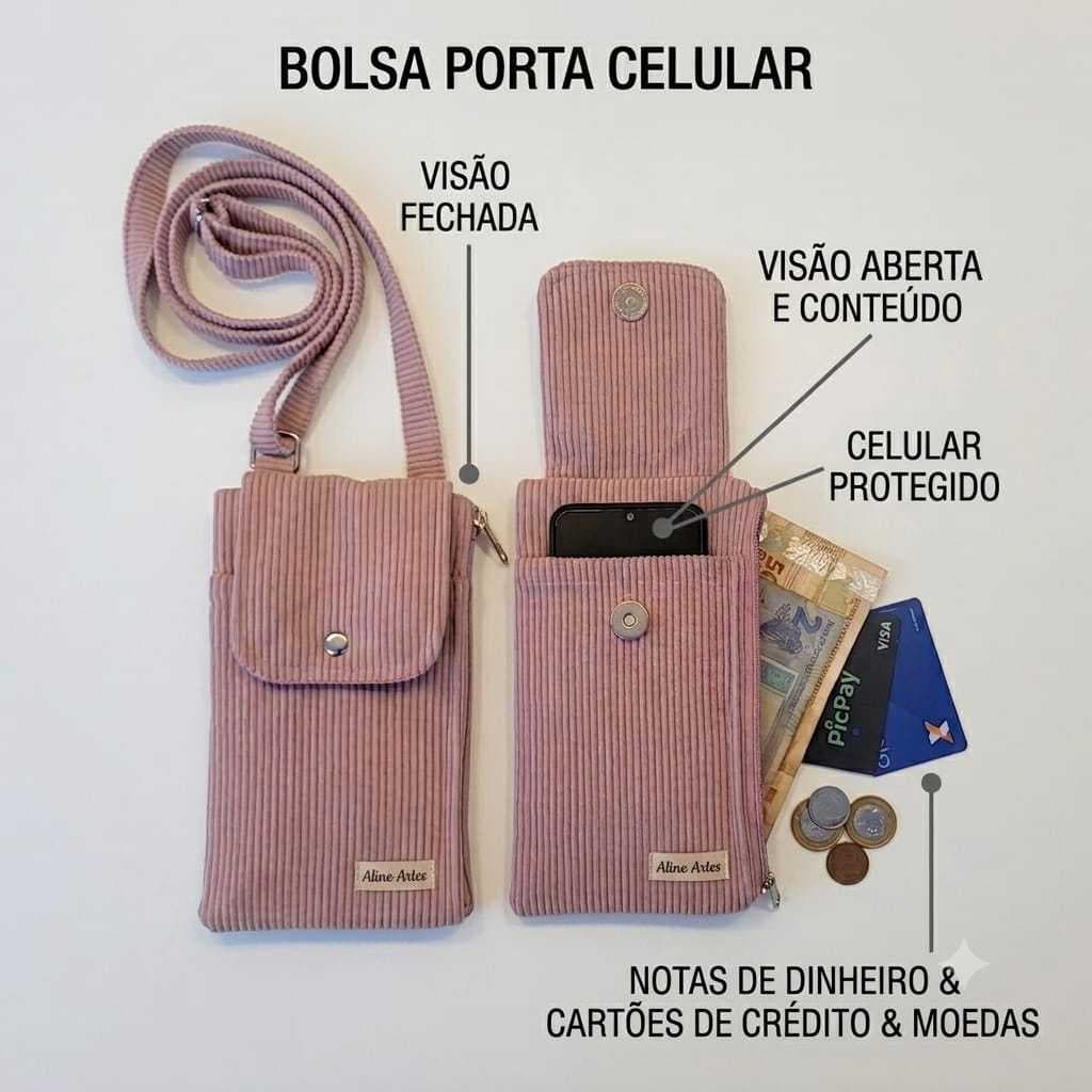 Bolsa porta celular e documentos transversal com ziper e alça regulável