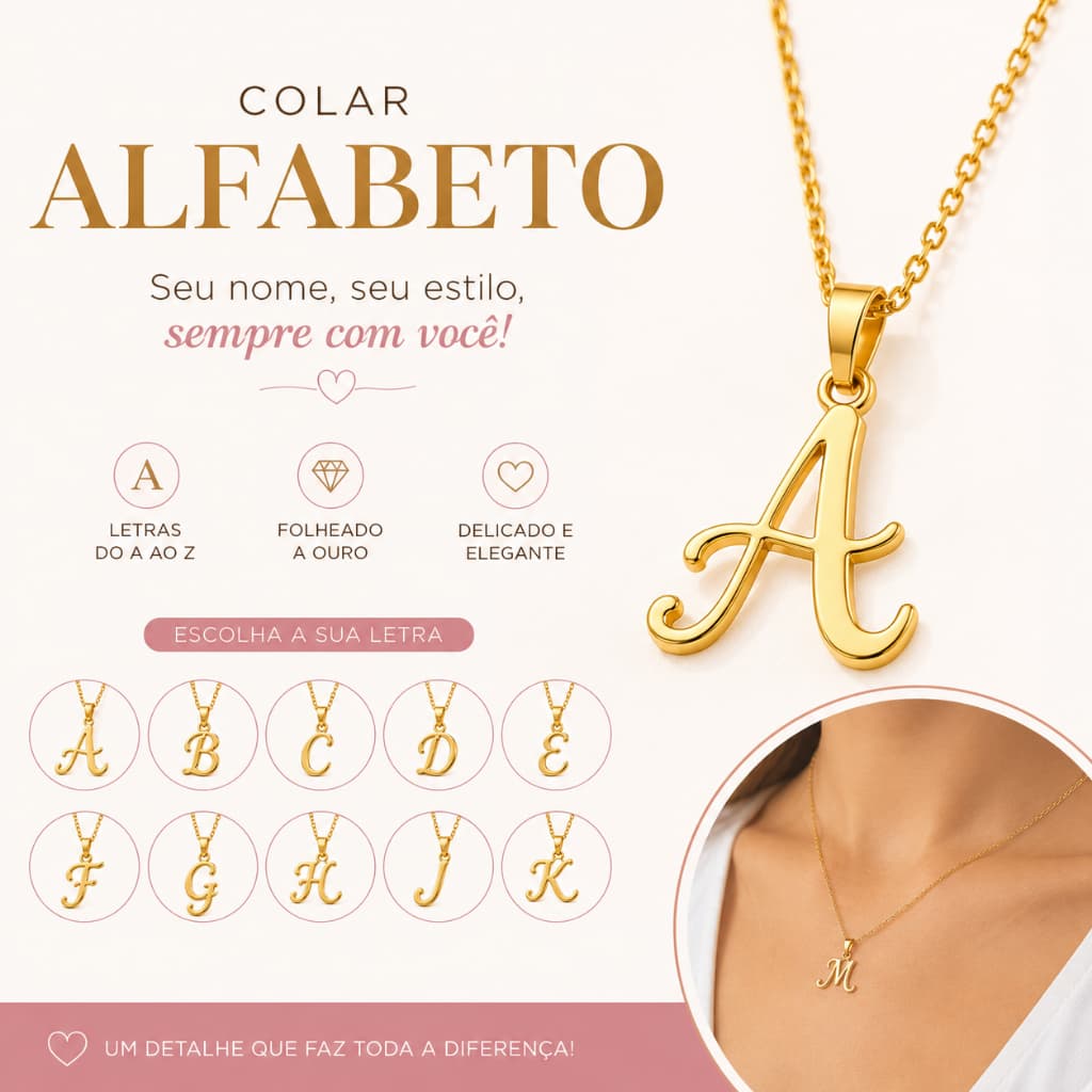 Colar Alfabeto Feminino Folheado a Ouro com Inicial A ao Z Pingente Letra Delicado
