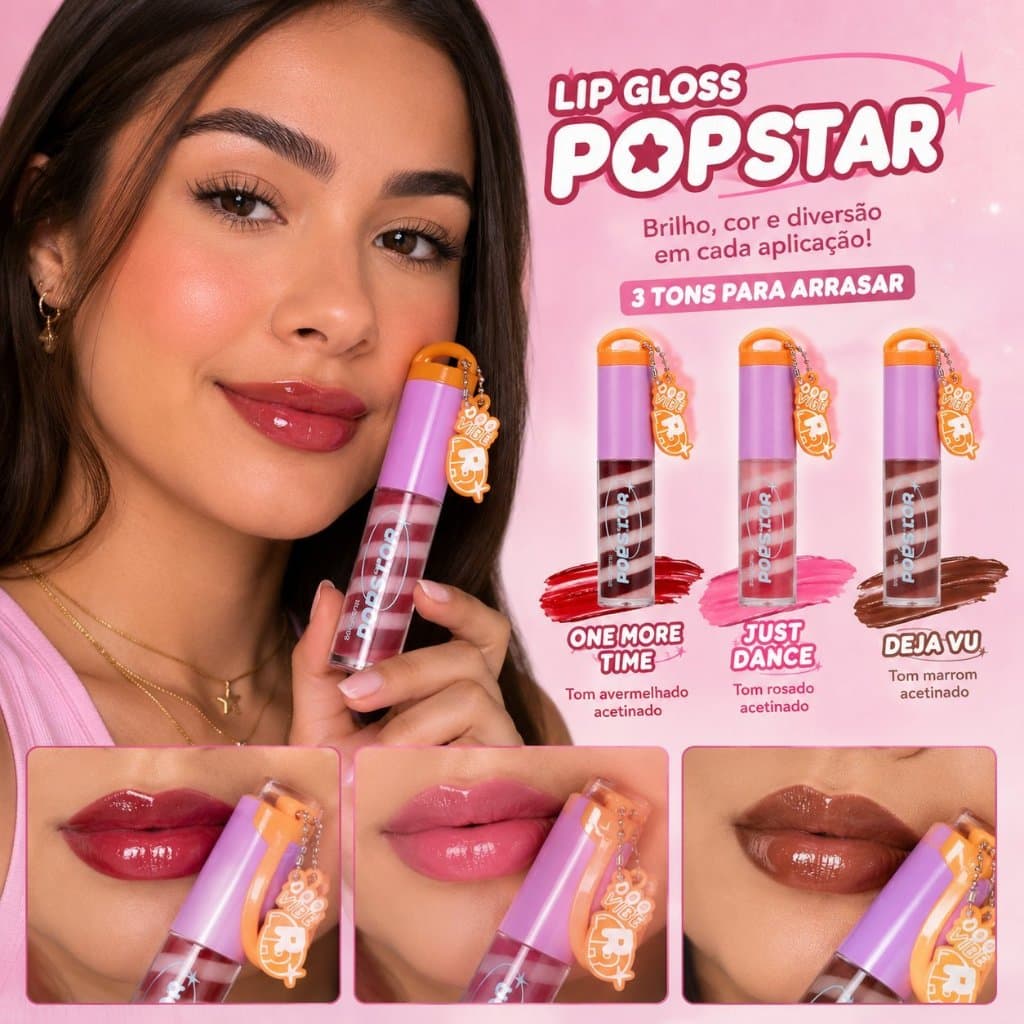 Gloss Labial Ruby Rose Popstar Acetinado Brilho Intenso Longa Duração