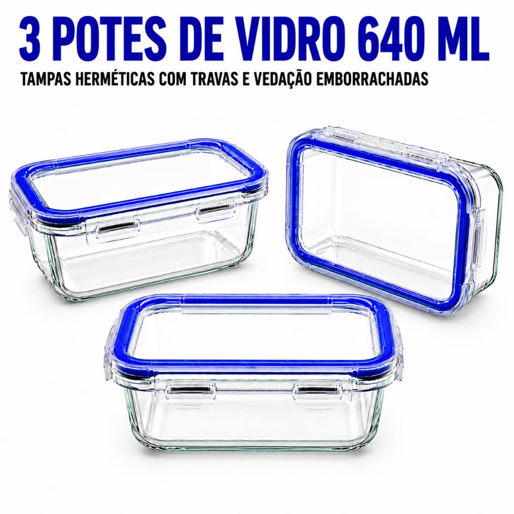 3 Potes de Vidro Retangular Tampa Hermética com Trava 640 Ml Conserva Alimentos