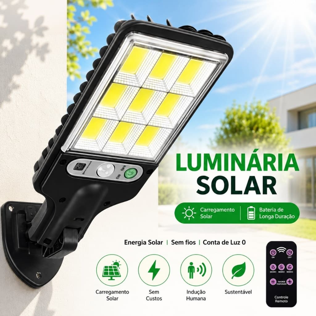 Luminária Solar LED 66 LEDs com Sensor de Movimento Controle Remoto 3 Modos IP65 Luz Externa Jardim Parede