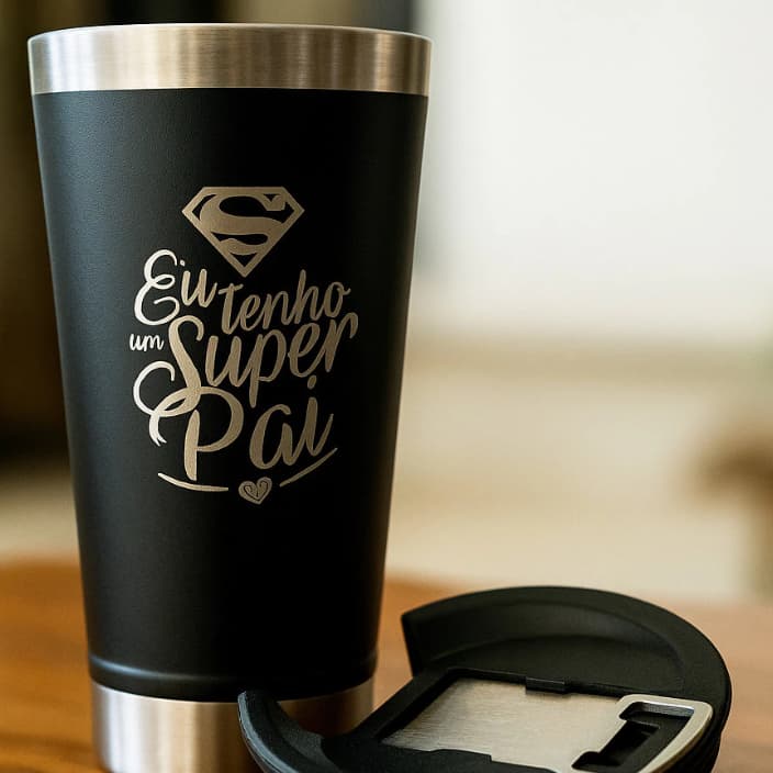 Copo térmico Super Pai 473ml com tampa e Abridor de Garrafa