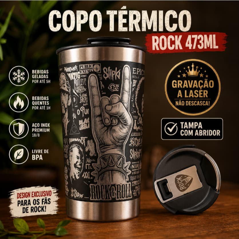 Copo Térmico Personalizado360° Bandas Beatles Scorpions Metallica Guns n´Roses Kiss Rock in Roll