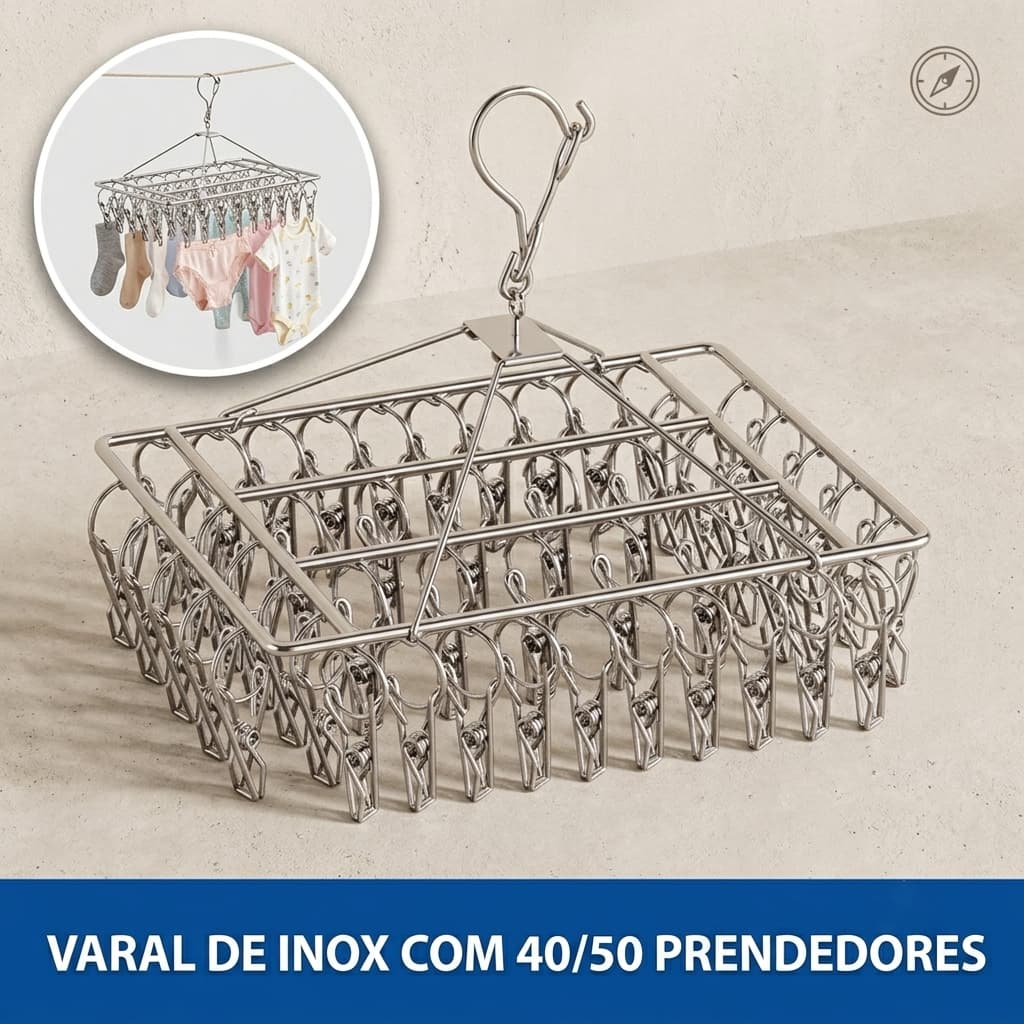 Varal Portátil Aço Inox 40/50 Prendedores Antivento para Meias, Calcinha e Roupa Íntima