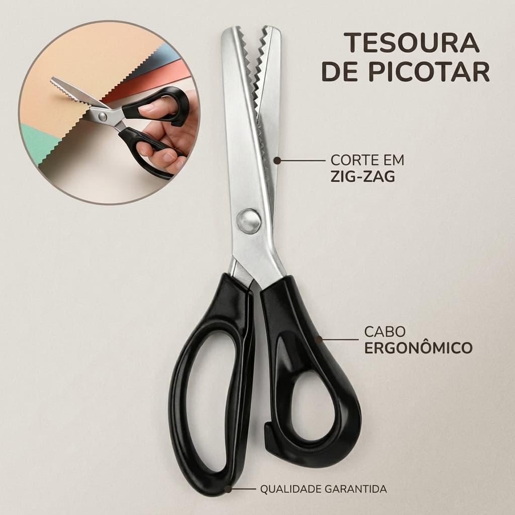 Tesoura Profissional para Picotar Ondulada Escalope 23cm Corte Arredondado para Tecidos, EVA e Couro