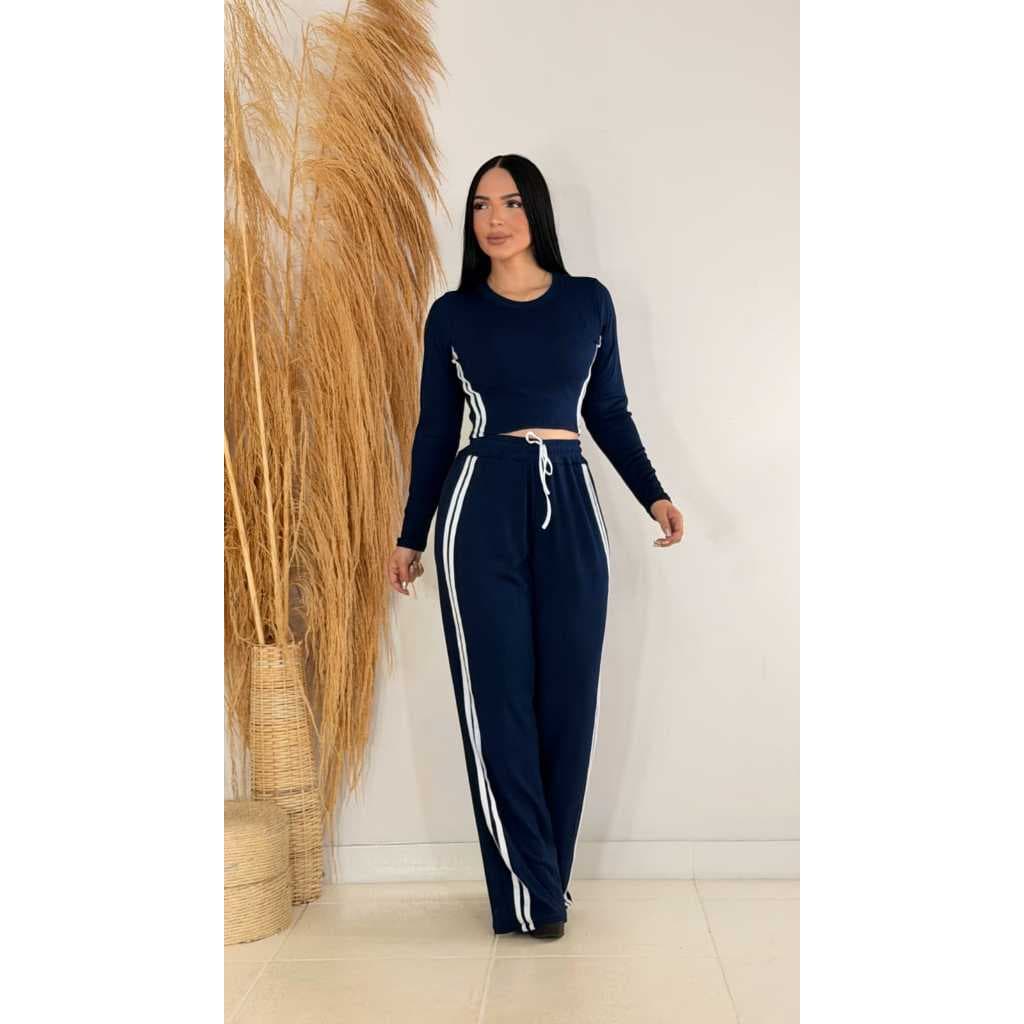 Conjunto Feminino Ribana Malha Cropped Manga Longa e Calça Pantalona Casual Moda Blogueira