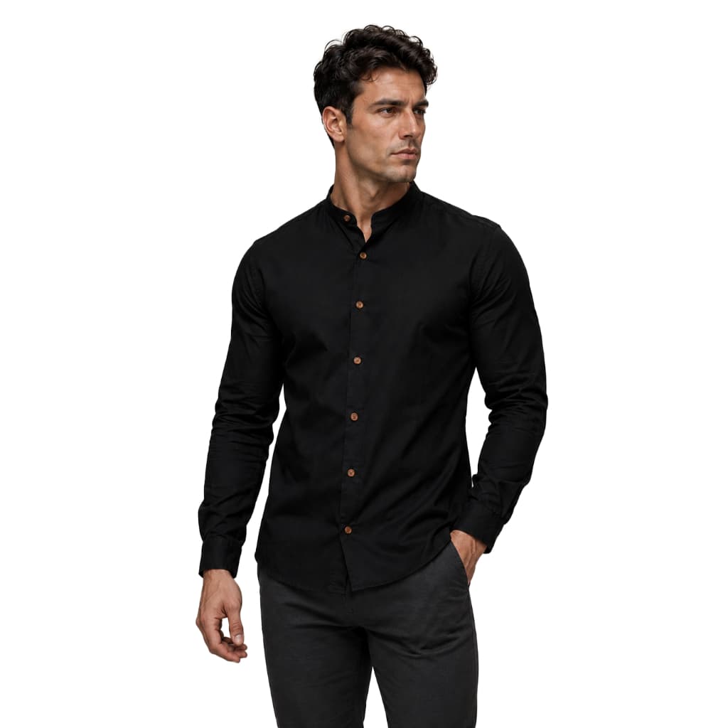 Camisa Masculina Gola Padre Social Preta Manga Longa Masculi