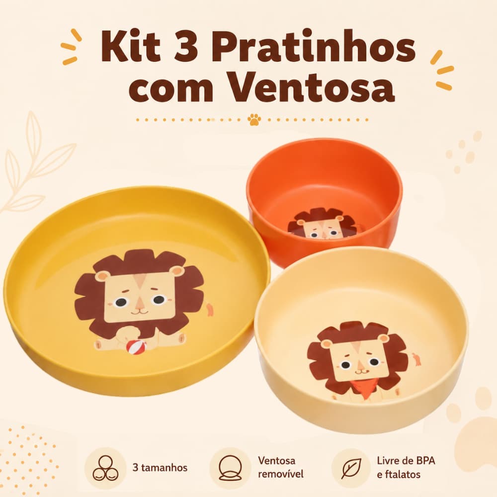 Kit 3 Pratos Com Ventosa Kouii Filhotiis Leão Leo | Kouii Bebê Introdução Alimentar Criança Pratinho Infantil BPA free