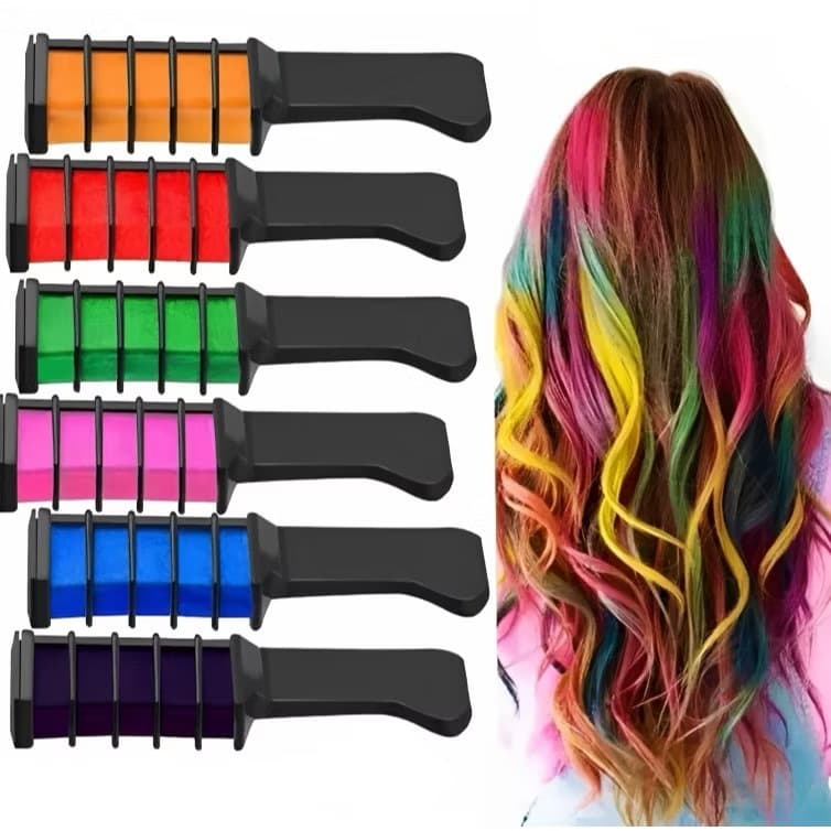 Kit 6 Pentes com Giz para Cabelo Colorido Lavável Temporário Infantil Festa Fantasia