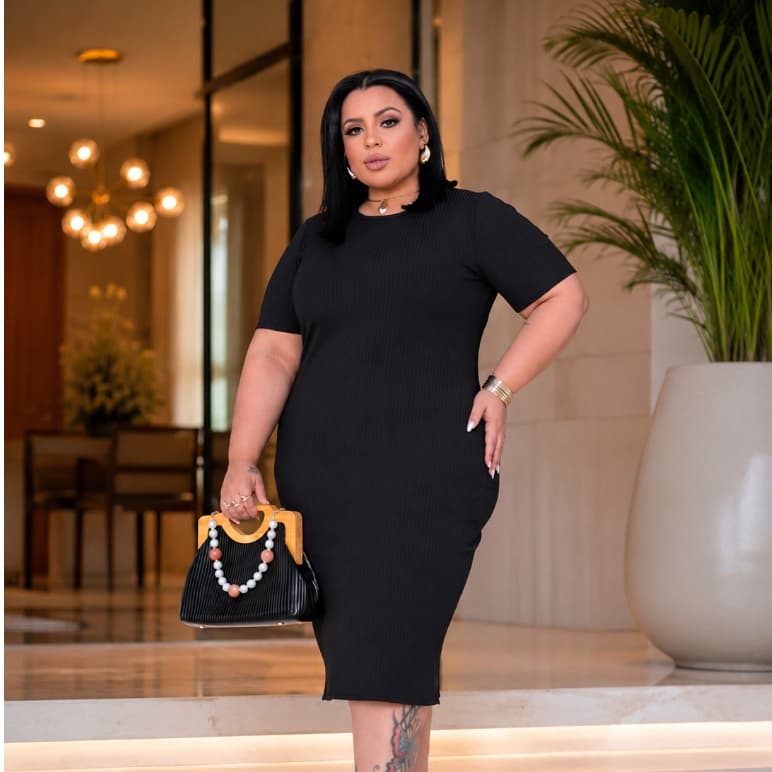 Vestido Midi Canelado Plus Size Feminino Manga Curta Elegante Confortável