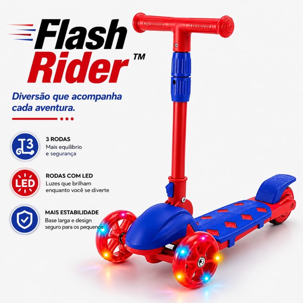 Flash Rider™ Patinete Infantil 3 Rodas com Luzes LED Guidão Regulável Antiderrapante Vermelho
