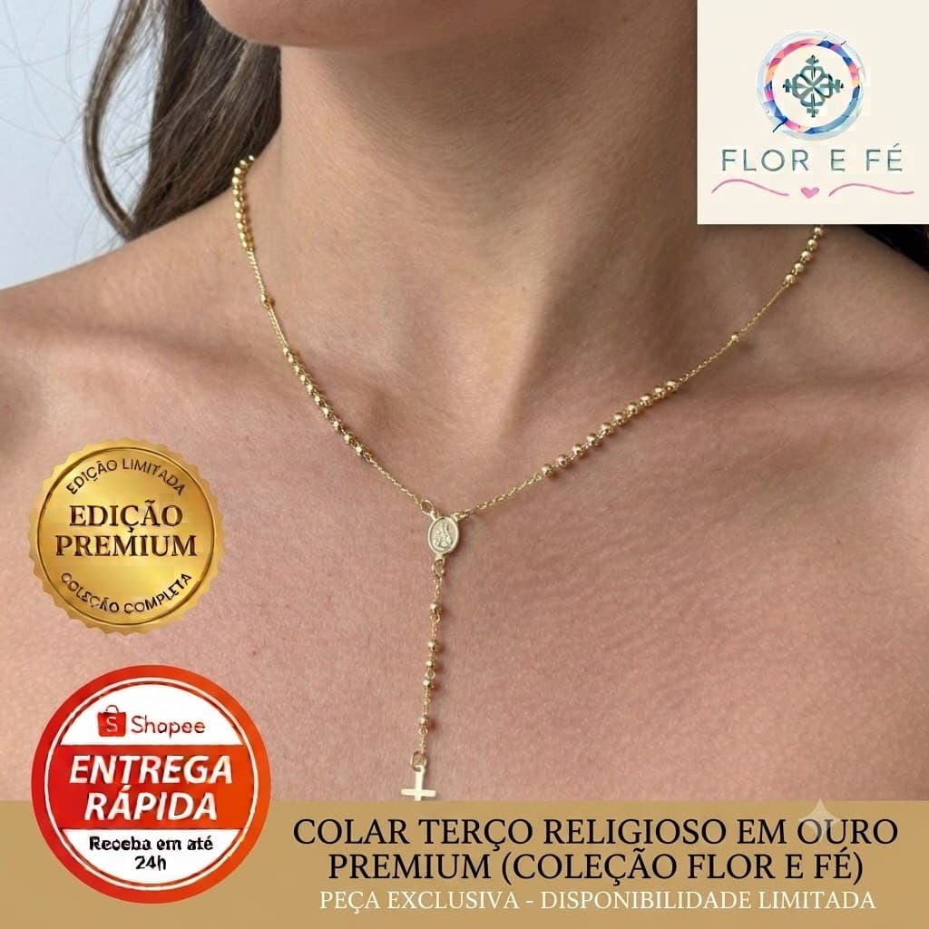 Colar Terço Feminino Banhado Ouro 18k / Prata com Pingente Cruz e Medalha Nossa Senhora - Gargantilha Religiosa Rommanel