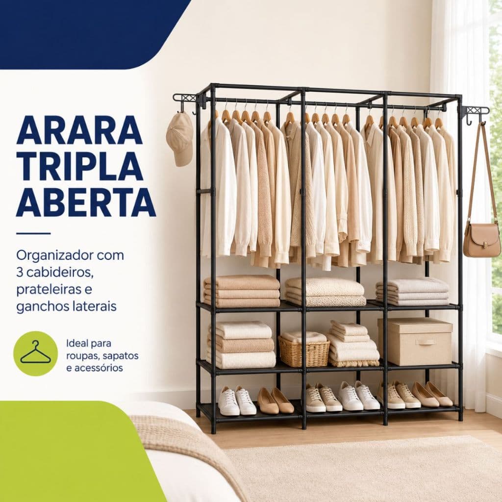 Roupeiro Guarda Roupa Portatil Cabideiro Arara 3 Divisões Para Roupa Sapateira Organizador Multiuso Armário Closet