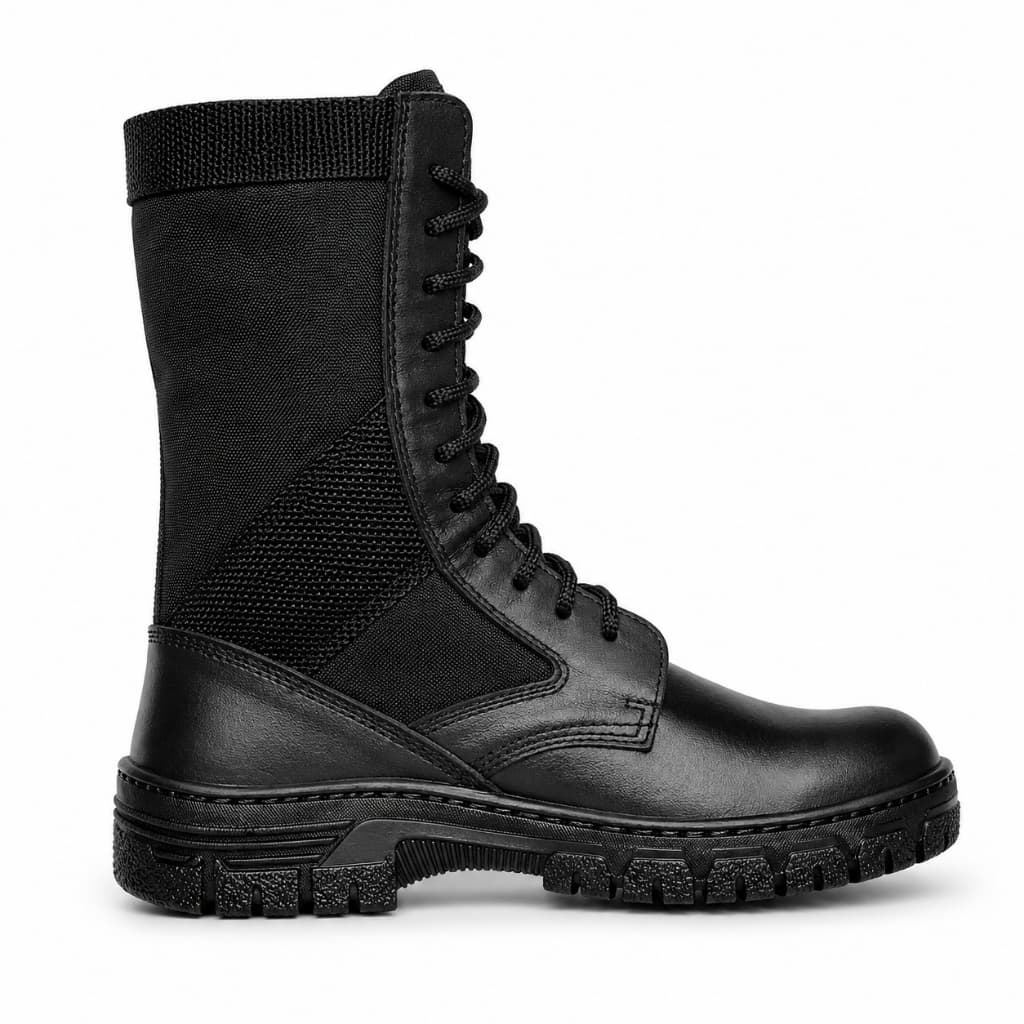 Coturno Militar Couro Legítimo Liso Cano Medio Tático Lona Nylon Solado Borracha Colado e Costurado Extra Leve