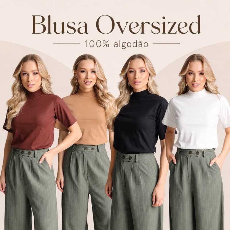 T Shirt gola alta oversized camisa blusa meia manga algodão cherry