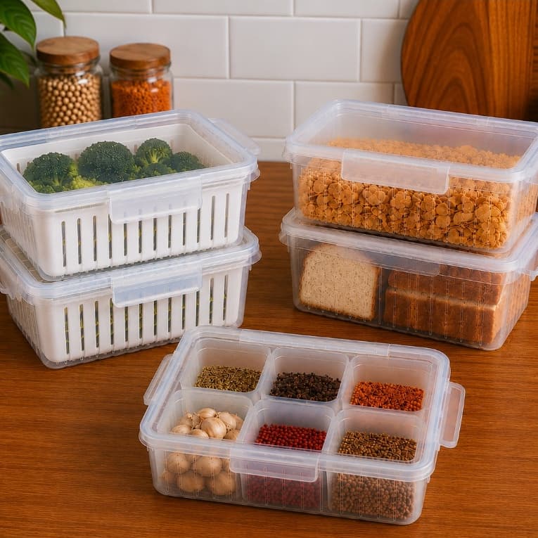 Kit Geladeira com 2 Potes Escorredores 1 Porta Tempero e 2 Potes com Tampa