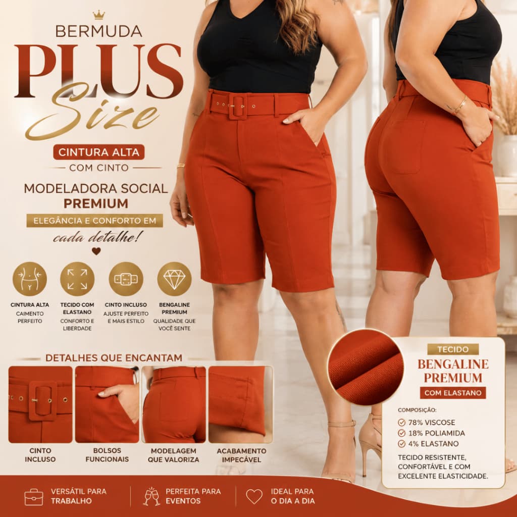 Bermuda Feminina Plus Size Bengaline Cintura Alta com Cinto Modeladora Social Premium Confortável com Elastano