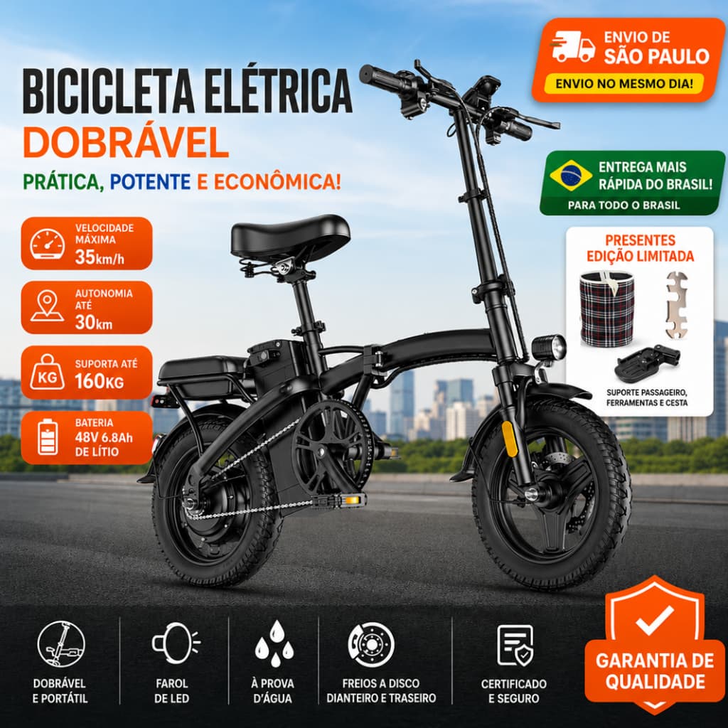 Bicicleta Elétrica Dobrável 400W 48V Bateria de Lítio Até 35km/h Autonomia 30km Freio a Disco Farol LED Envio SP