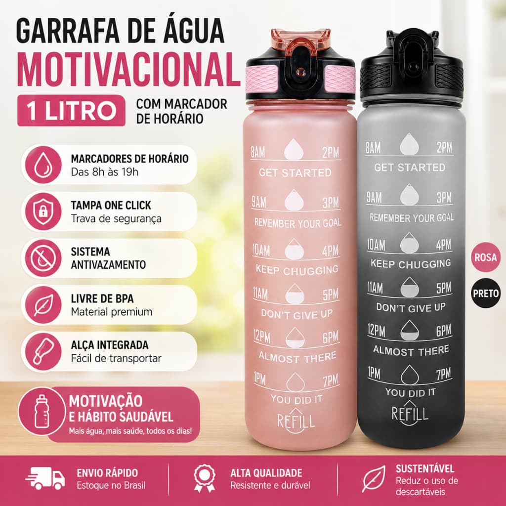 Garrafa de Água Motivacional 1L com Marcador de Horário Livre BPA Trava One Click Rosa e Preto