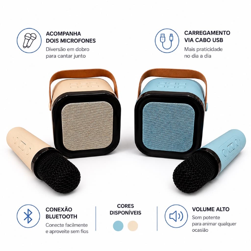 Caixa de Som Portatil Bluetooth Dois Microfones Karaoke