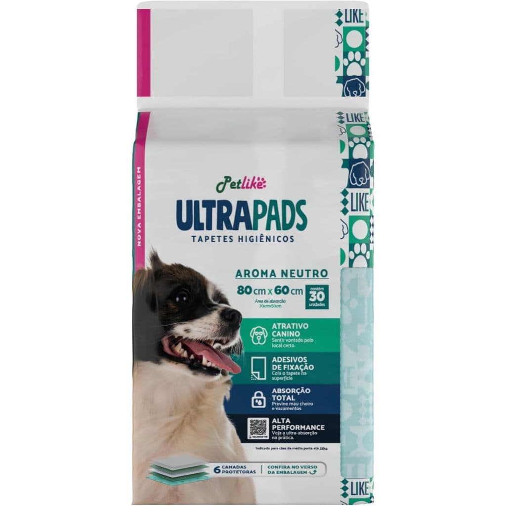 Tapete Higiênico para Cães Ultra Pads 80x60cm - Alta Absorção e Controle de Odores. 30 unidades