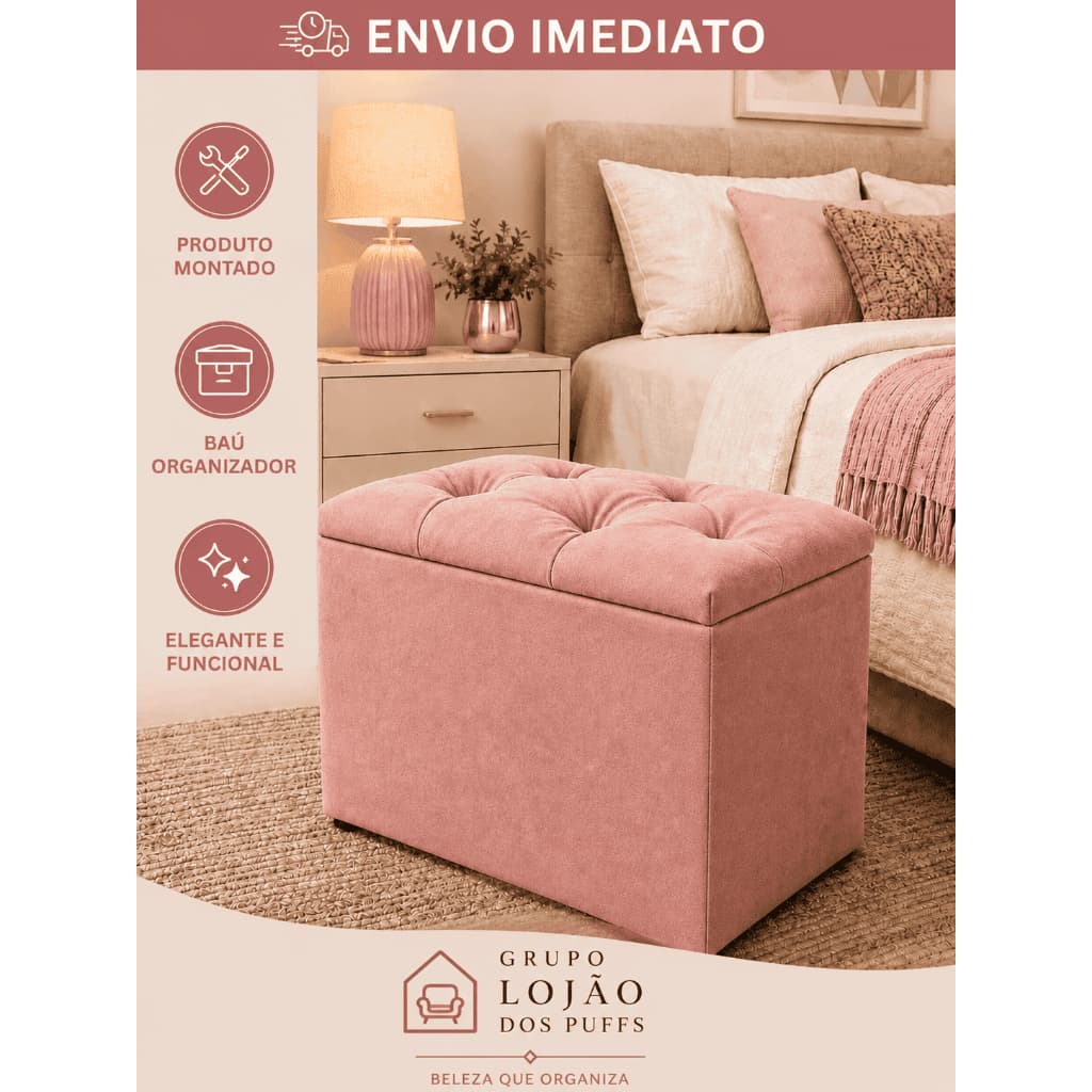 PUFF BAÚ TECIDO SUEDE LUXO ORGANIZADOR MULTIUSO ESTOFADO QUARTO SALA CASA PENTEADEIRA ROUPAS SAPATOS