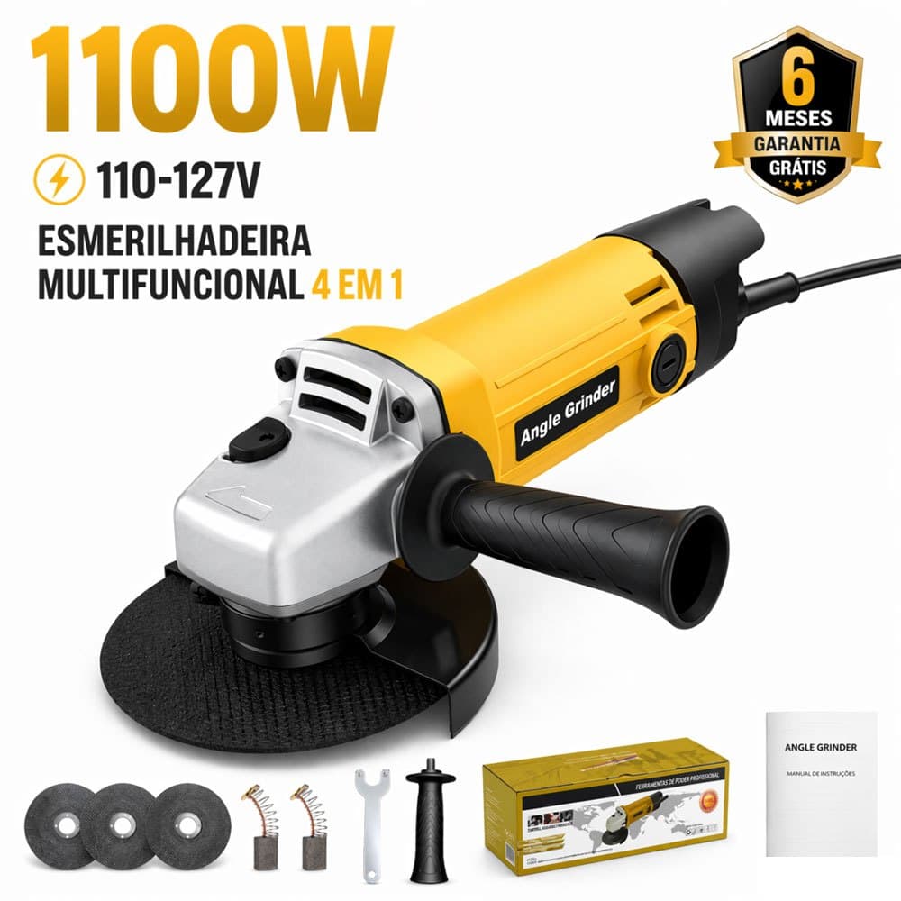 Esmerilhadeira 115mm 110-127V 1100W Com Fio Alta Potência Ferramenta Elétrica Profissional