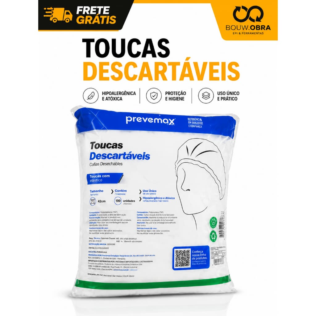 Touca Sanfonada Descartável Polipropileno Branca Plissada Com Elástico Para Indústria Alimentícia Hospital