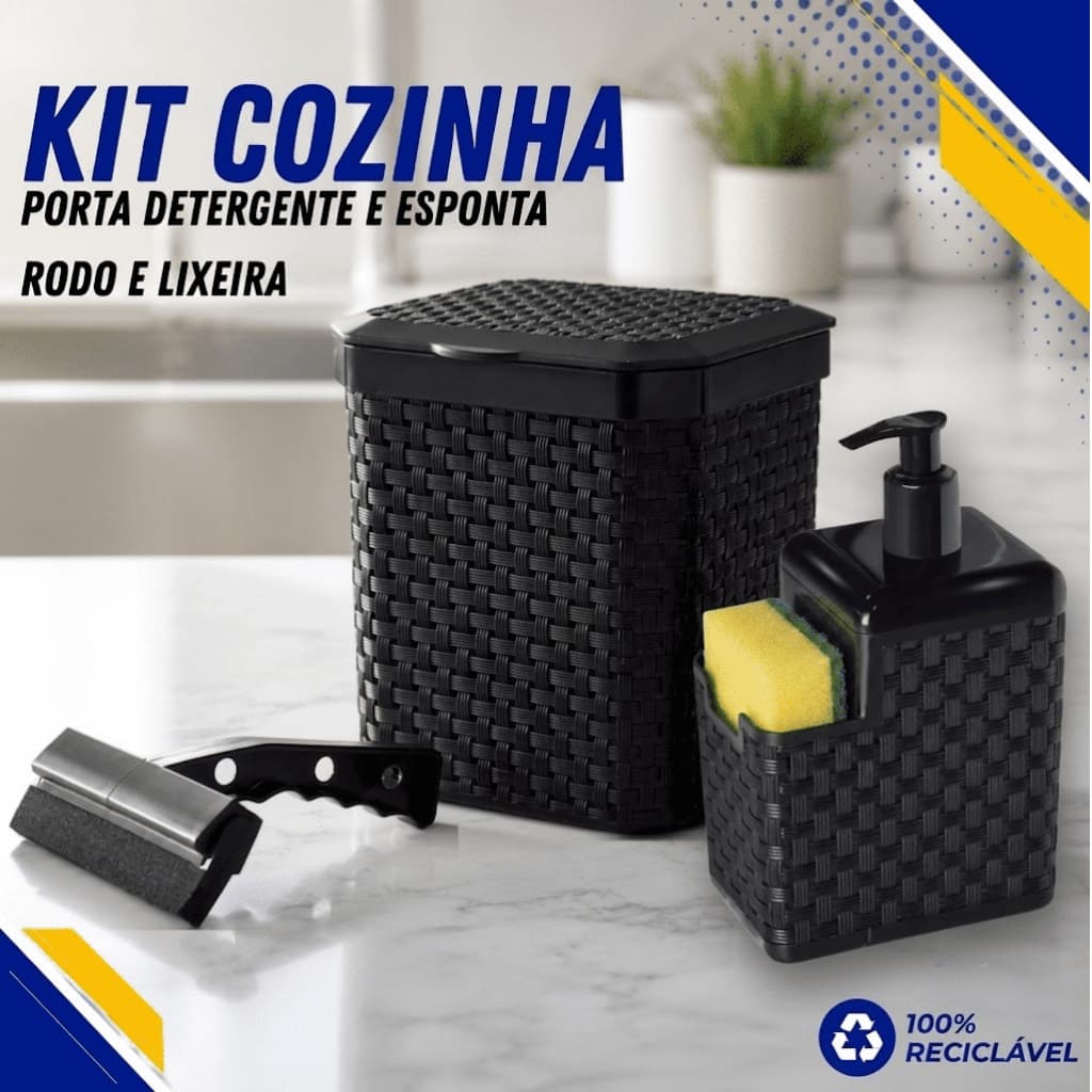 Kit Completo Para Cozinha Com Rodinho De Pia Porta Detergente Lixeira de 5 Litros