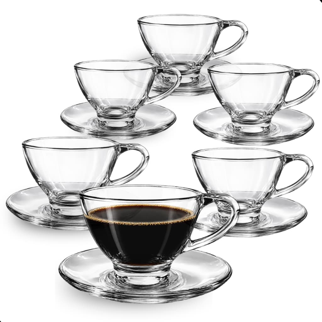 Jogo de Xícaras de Vidro 220ml com Pires - 12 Peças - Xícara para Café e Chá - 6 Xícaras + 6 Pires
