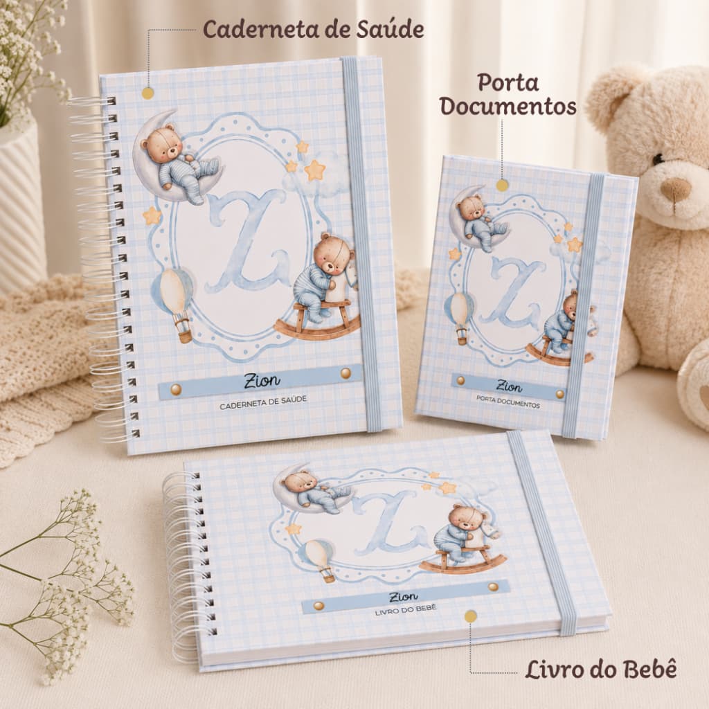 Kit Maternidade Personalizado Livro do Bebê A5 + Porta Documentos A6 + Caderneta de Saúde Vacina + Caixa - VÁRIOS TEMAS