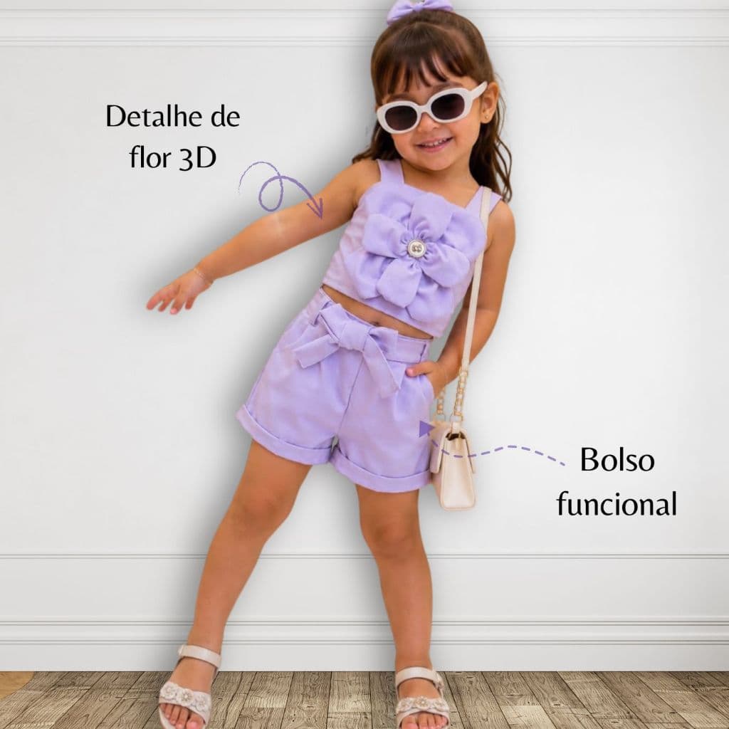 Conjunto Infantil Menina short cropedd com bolsos alfaiataria flor 3D 2-4-6-8-10