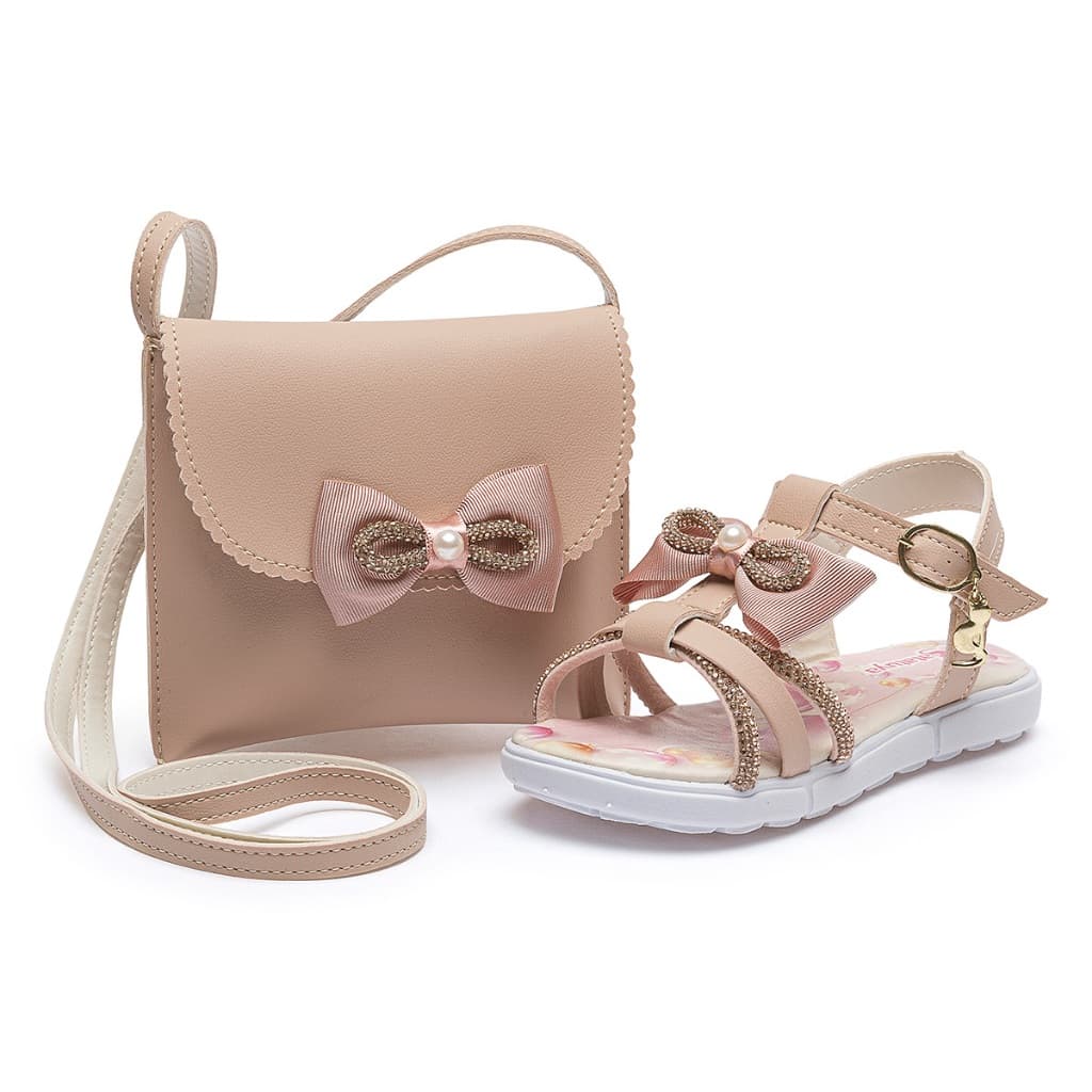 Kit Sandália Rasteirinha Com Bolsa Infantil Menina Nude Laço Brilho Festa Confortável BB&Kids