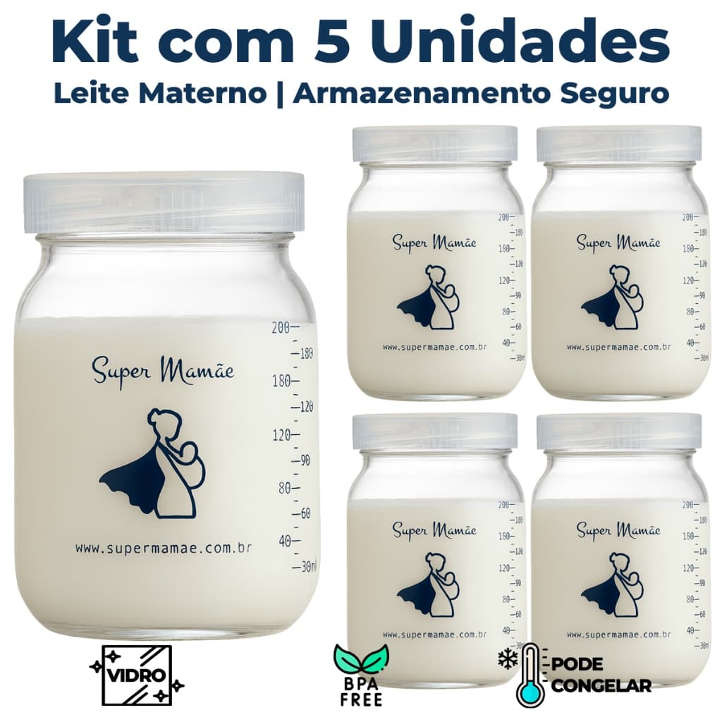 Kit 5 Potes de Vidro 200ml para Armazenar Leite Materno – Tampa Plástica BPA Free
