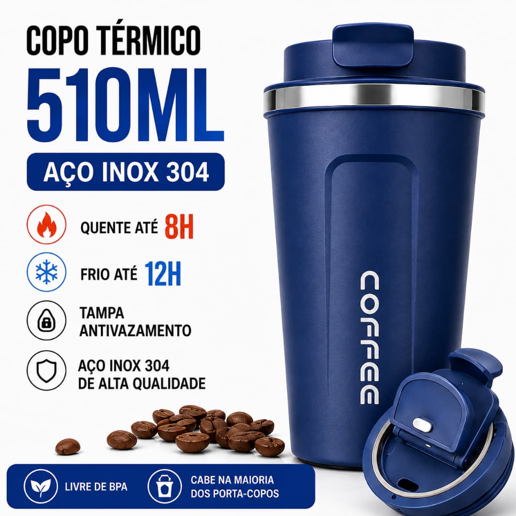 Copo Térmico 510ml Aço Inox 304 Tampa Antivazamento Parede Dupla Mantém Quente e Frio Livre de BPA