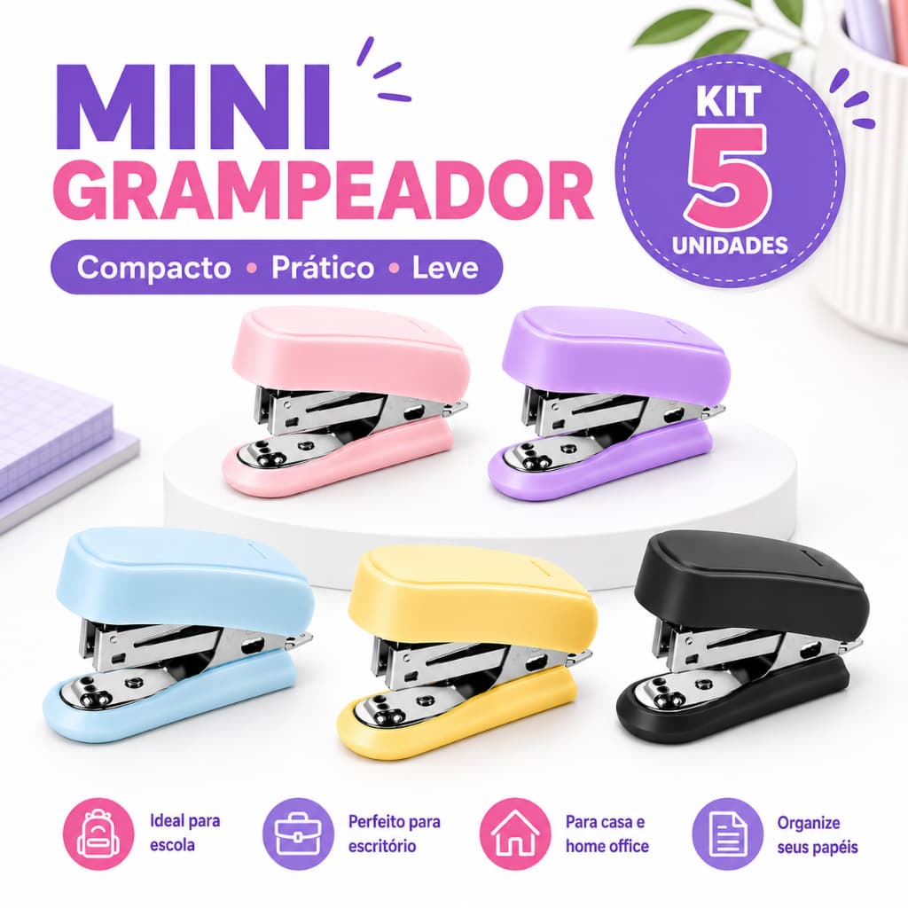 Kit 5 Mini Grampeadores Metálicos Coloridos 26/6 Portáteis Escola Escritório Papelaria